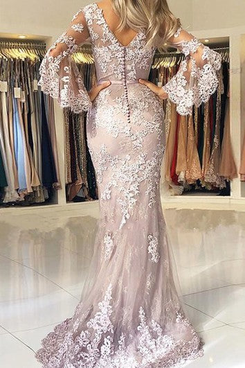 Lace Floor-length Sweep Train Trumpet 3/4 Length Sleeve Elegant Evening Dress