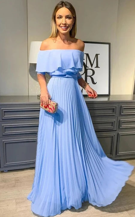 Off-the-shoulder Blue Empire Pleated A-line Floor-length Evening Dress