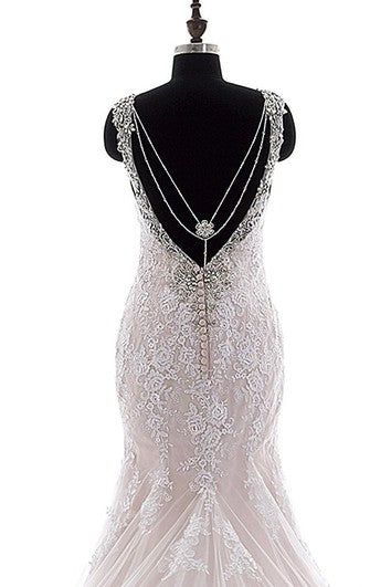 Mermaid Mini Straps V-Neck Bell Cap Beading Appliques Court Train Backless Straps Lace Dress