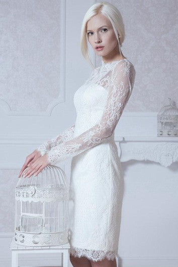 High Neck Long Sleeve Sheath Lace Knee Length Dress With Keyhole Back