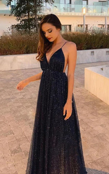 Sexy Plunged Spaghetti Empire A-line Sequin Prom Dress