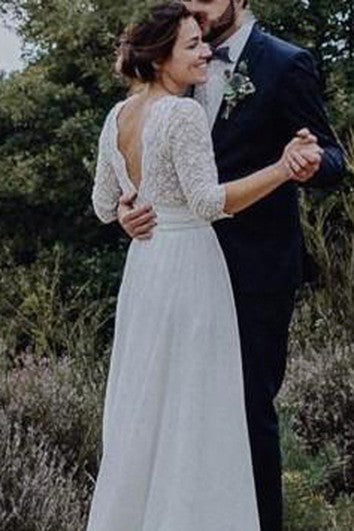 Ethereal Chiffon and Lace Scalloped 3/4 Sleeve Wedding Dress with ruching