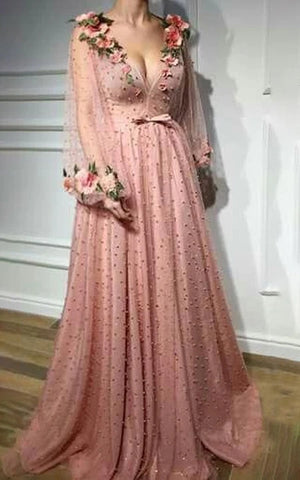 Sexy Blush Plunged-neckline Puff-long-sleeve Pleated Floral Formal | Evening Dress