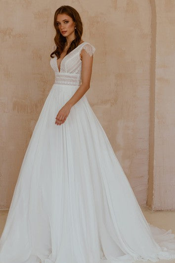 Boho šaty na svatbu s výstřihem do V, šifonové, krajkové, áčkové, s krátkým rukávem, dlouhé až po zem s vlečkou