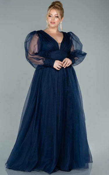 Off-the-shoulder Slit Front illusion Long Sleeve Plus Size Mother of Bride Dress with Zipper Back