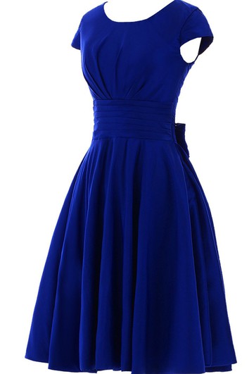 Short Sleeve Ruched Sash Midi-length Pleated Chiffon Dress