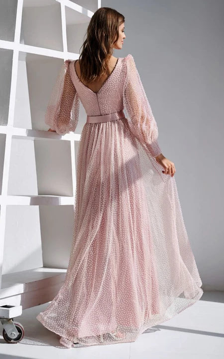 Šaty s dlouhým rukávem Puff, pouzdrové, s předním rozparkem, výstřihem do V, páskem a nízkým výstřihem na zádech