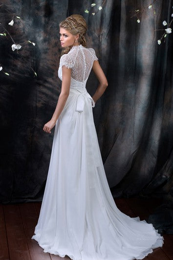 A-Line Floor-Length V-Neck Cap-Sleeve Illusion Chiffon Dress With Lace And Beading