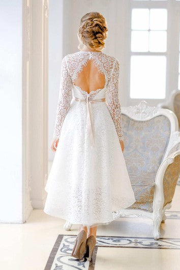 Knee-Length Lace Wedding Dress with Lace-Up Corset Back