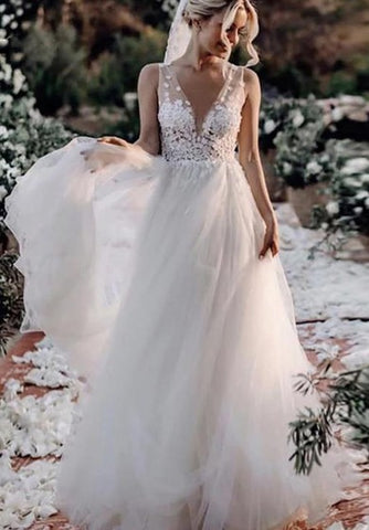 Lace Tulle Floor-length A Line Sleeveless Bohemian Wedding Dress with Flowers