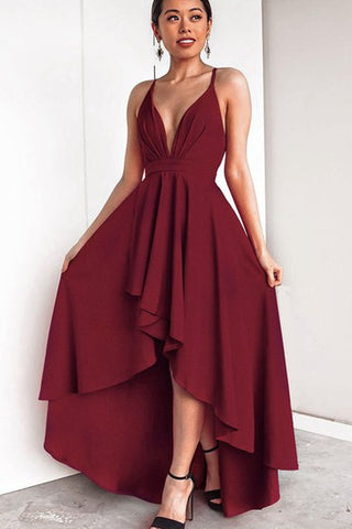 High-Low Sexy A Line Plunging Neck Evening Dress