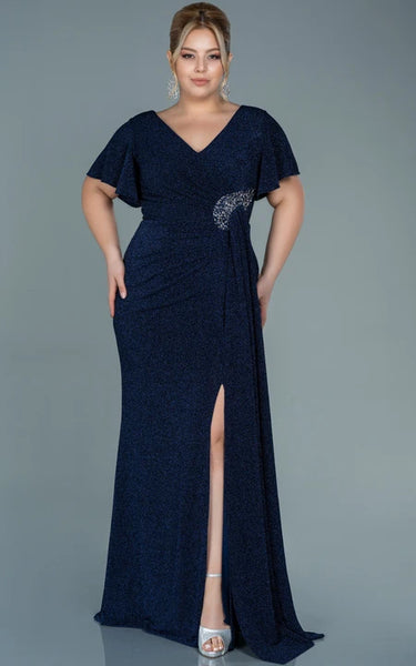 Poet-sleeve V-neck Sequin Ruched Slit Front Plus Size Evning Dress