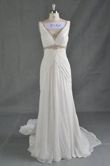 Šaty bez rukávů s výstřihem do V, plisované, z šifónu ve tvaru A s krystalovými detaily