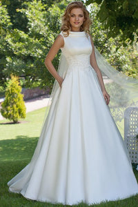 A-Line High Neck Sleeveless Satin Wedding Dress With Lace And Lace Up