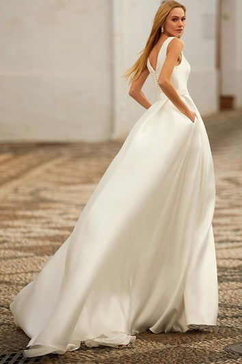 Casual A Line V-neck Satin Court Train Wedding Dress with Pockets