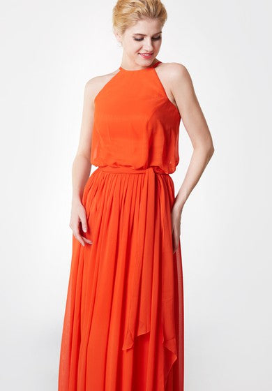 Sleeveless Pleated High Neck Chiffon Dress With Sash