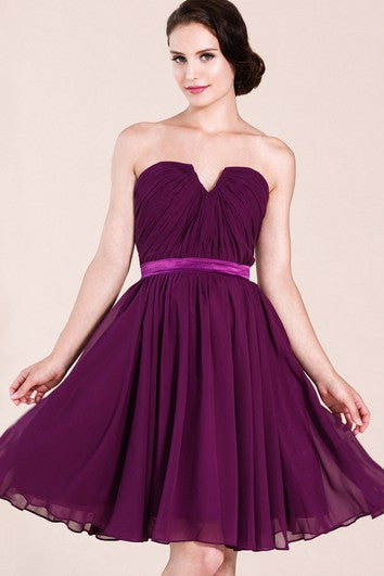 Strapless V-cut Short Pleated Chiffon Dress